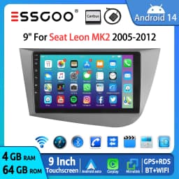 ESSGOO 9" 2DIN Android 14 Car Stereo Radio for Seat Leon MK2 1P1 05-12 Wireless Carplay Android Auto GPS Navi SWC FM BT WiFi RDS
