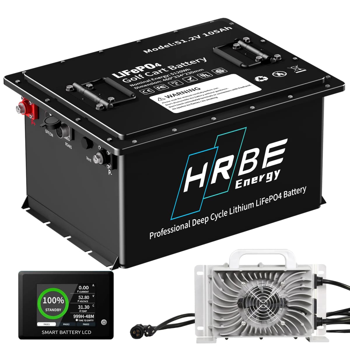 HRBEEnergy 48V 105AH Lithium Golf Cart Battery,6000+ Deep Cycle,with 20A Charger,Touch Monitor &Mobile APP,Max Output 10.24KW