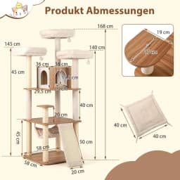 168 cm Wooden Scratching Post, Multi-Tier Cat Scratching Post, Large, Cat Tree with Cave, Ladder, Mats, Balls & Hammock