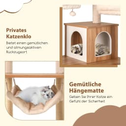 168 cm Wooden Scratching Post, Multi-Tier Cat Scratching Post, Large, Cat Tree with Cave, Ladder, Mats, Balls & Hammock