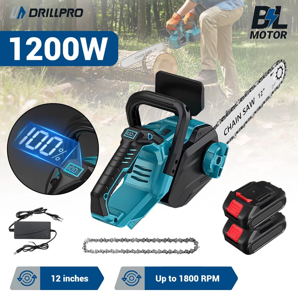 DRILLPRO 12Inch 1200W Brushless Cordless Electric Chainsaw Battery-Powered for Wood Cutting with LCD Screen Lightweight Portable