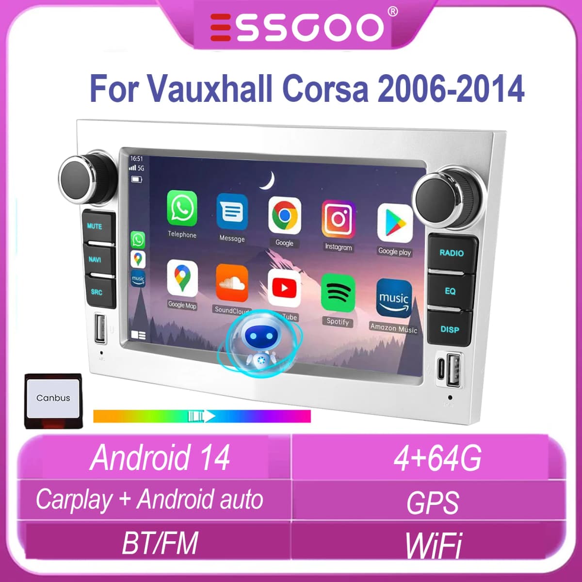ESSGOO 4+64GB Android 14 Wireless Carplay Android auto For Vauxhall Corsa 2006-2014 Car Stereo Radio GPS NAVI WIFI FM Bluetooth