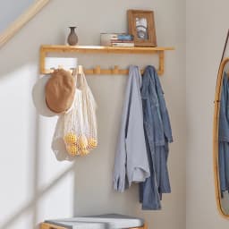 SoBuy®FHK06-N Hallway wardrobe bathroom shelf Wall wardrobe with 6 hooks and storage towel holder made of bamboo BHT approx: 90x16.5x12.5 cm