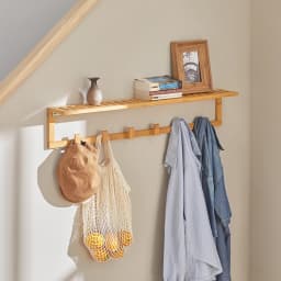 SoBuy®FHK06-N Hallway wardrobe bathroom shelf Wall wardrobe with 6 hooks and storage towel holder made of bamboo BHT approx: 90x16.5x12.5 cm
