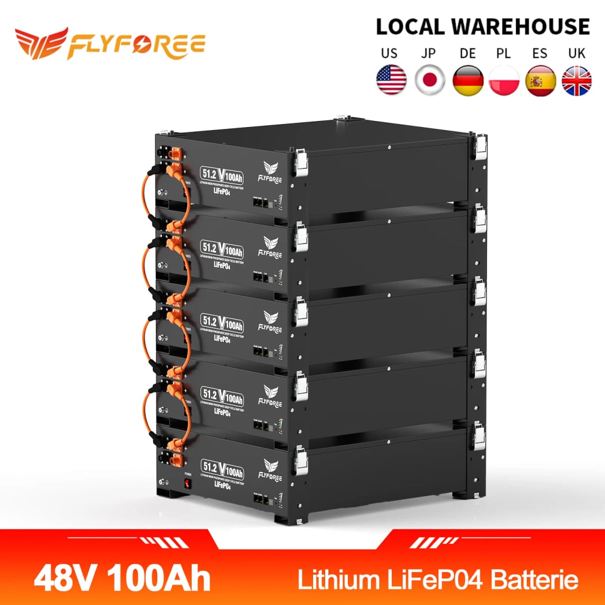 FLLYROWER 48V 100AH LiFePO4 Lithium Battery Pack 5.12KW 8000+Cycles With BMS 100A For Solar Panel Off-Grid Home Battery Storage