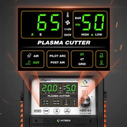 HITBOX HBC65 Plasma Cutter 65A Non-HF Pilot Arc Plasma Cutting Grid Cut CNC Function IGBT Technonlogy 2T/4T 50/60Hz Adjustable Post Time Cut 1-25mm Stainless Steel Carbon Steel