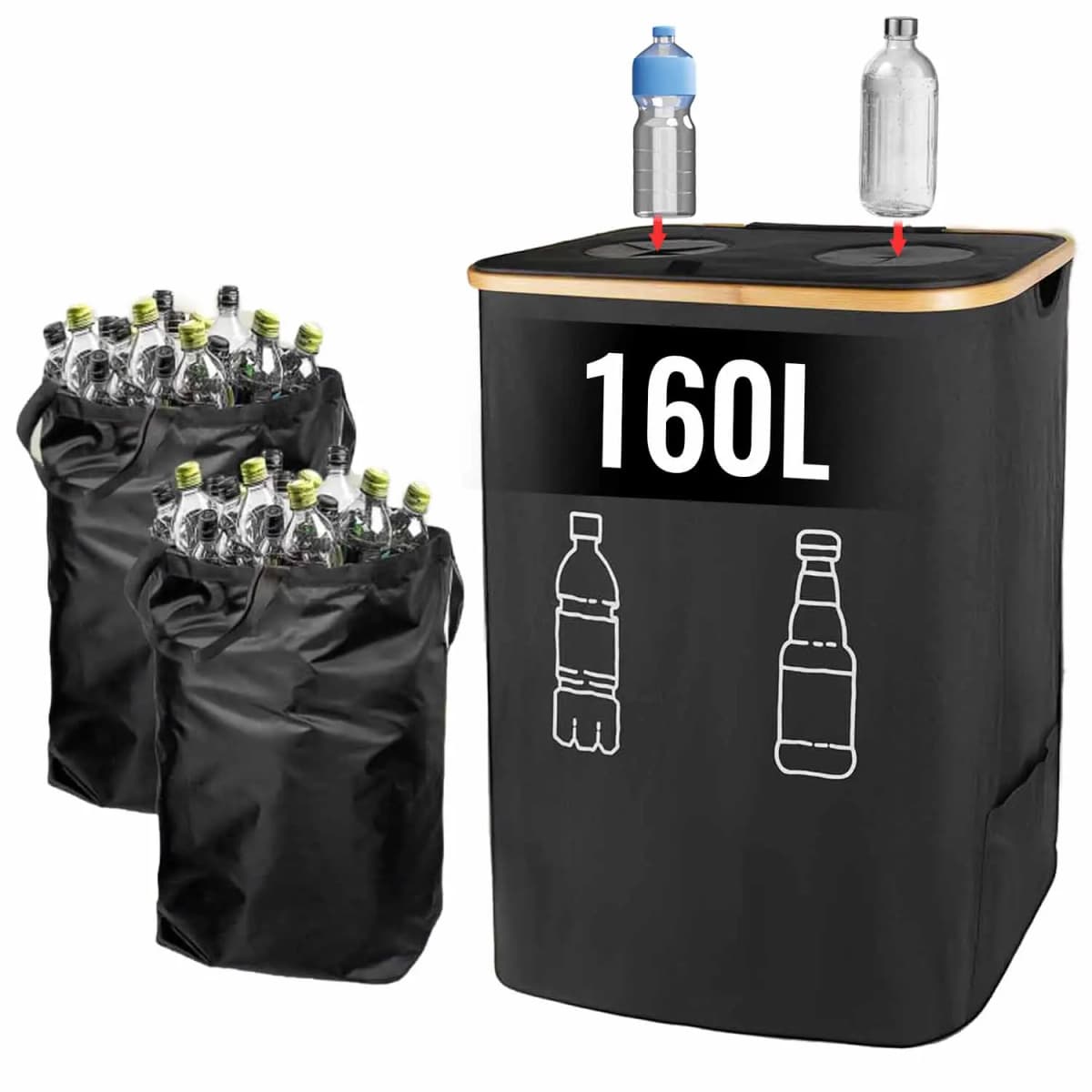 160L Bottle Collection Container 2 Compartments Deposit Bottles Organizer,Empty Bottles Storage Washing Machine Washable Bag