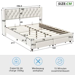 Rosahqnda double bed, upholstered bed with 2 storage drawers, headboard, backrest, storage beds, bed rack with wood rack