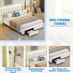 Rosahqnda double bed, upholstered bed with 2 storage drawers, headboard, backrest, storage beds, bed rack with wood rack