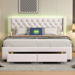 Rosahqnda double bed, upholstered bed with 2 storage drawers, headboard, backrest, storage beds, bed rack with wood rack