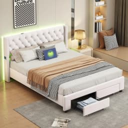 Rosahqnda double bed, upholstered bed with 2 storage drawers, headboard, backrest, storage beds, bed rack with wood rack