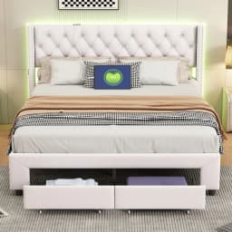 Rosahqnda double bed, upholstered bed with 2 storage drawers, headboard, backrest, storage beds, bed rack with wood rack
