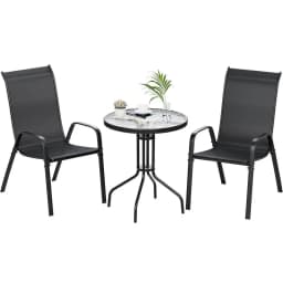 3 Pieces Patio Furniture Set Outdoor Stackable High-back Chairs and Glass Coffee Table for Lawn, Garden, Balcony, Poolside