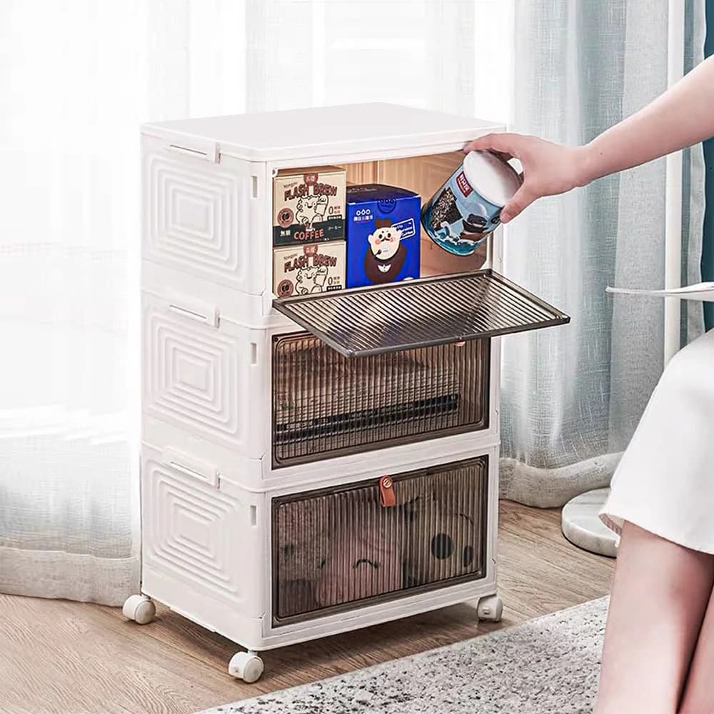 3 Tier Storage Box with Lid, 20L*3 Plastic Boxes Storage, Foldable Storage Containers Storage Boxes with Doors and Wheels