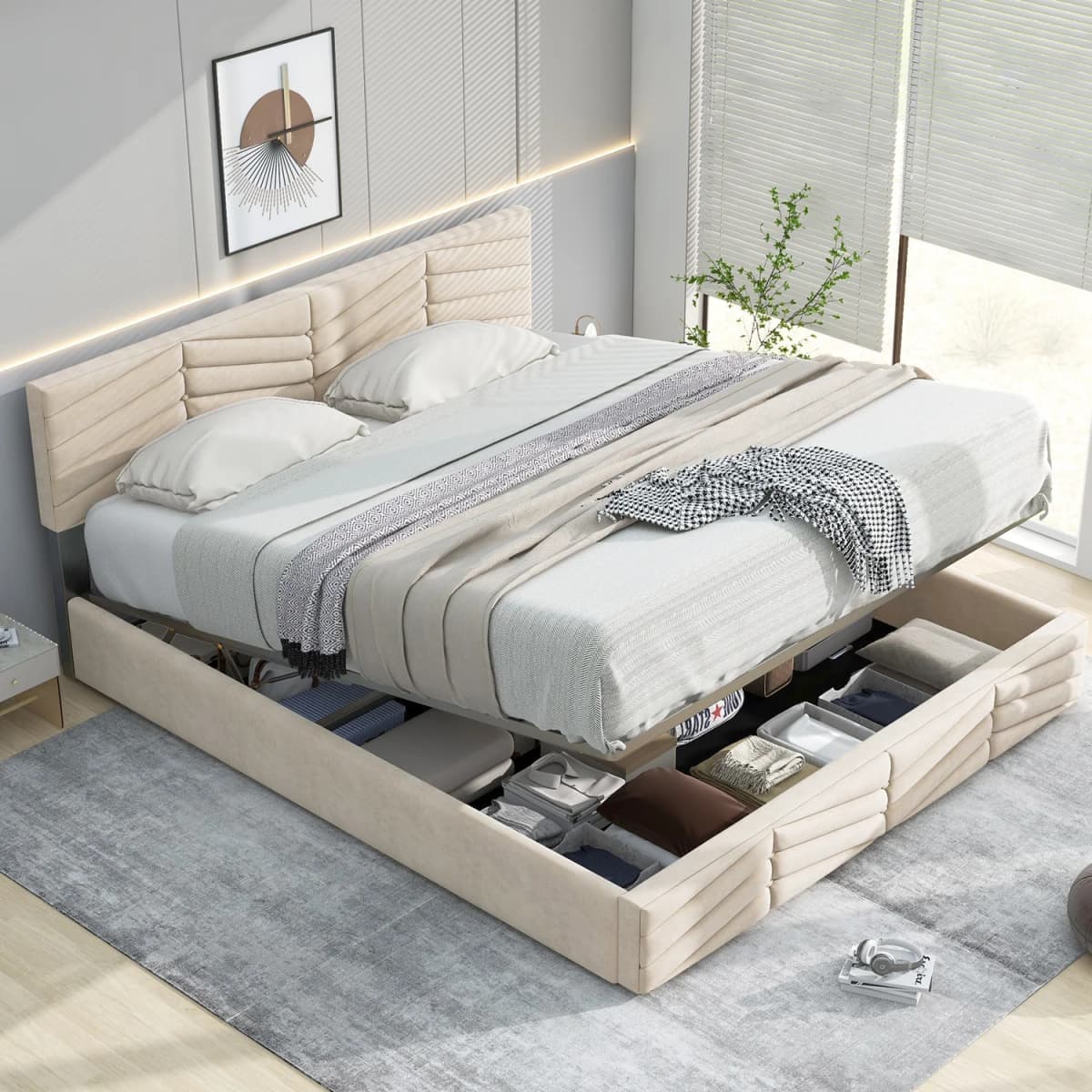 Upholstered Bed 140*200 with Lattice + Headboard, Height Adjustable Headboard Large Storage Space, for Adults Teenagers Bedroom