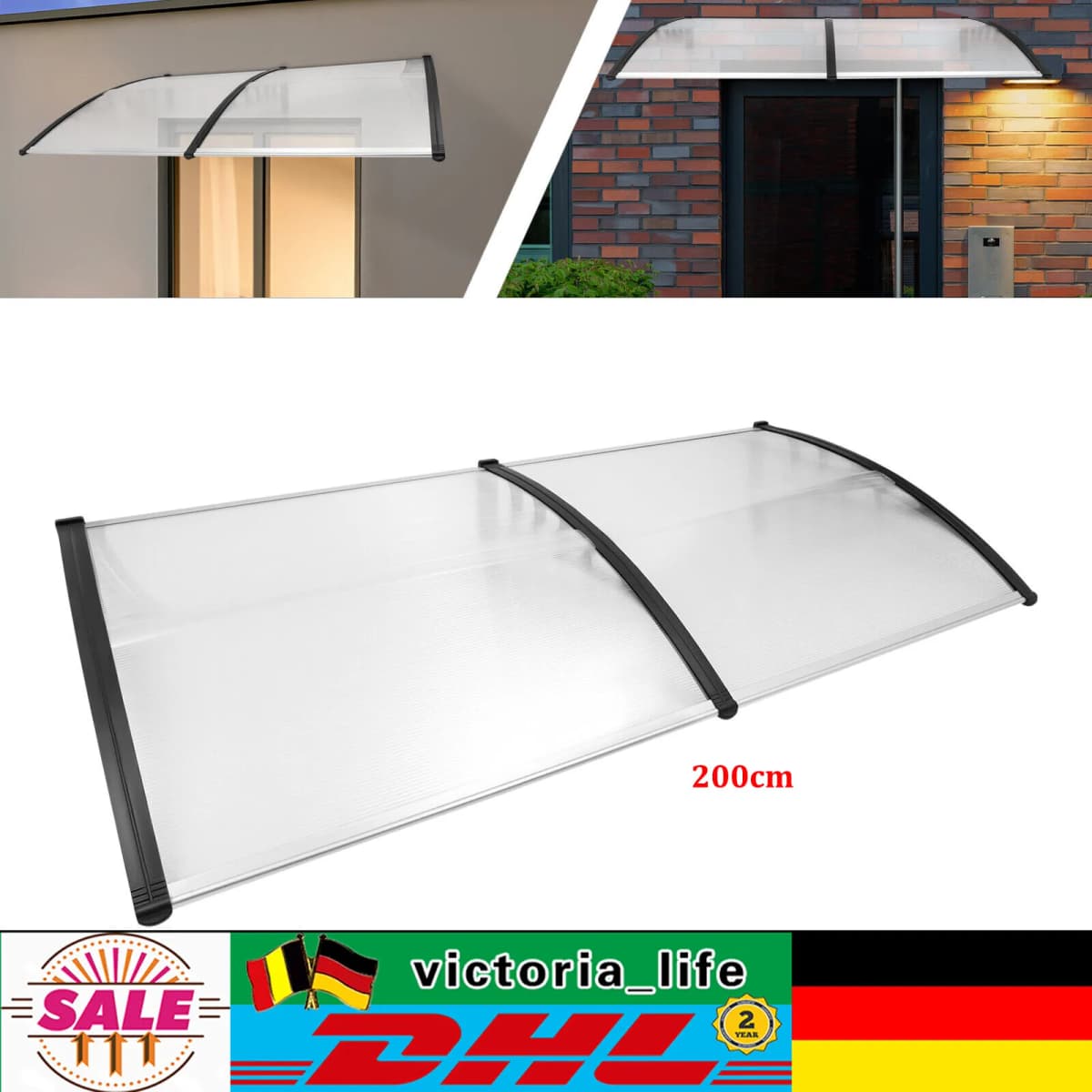 Translucent Door Canopy 90x200cm Front Door Canopy Outdoor Awning Porch Canopy for Balconies Windows Patios Garages