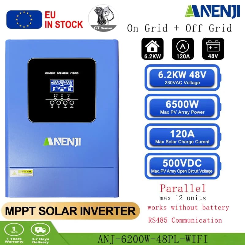 6.2KW 48V Hybrid Solar Inverter Parallel Photovoltaic On Grid MPPT Inverter Pure Sine 220V 120A Solar Charger with Wifi PV 500V