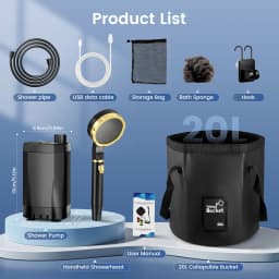 Portable Camping Shower with Rechargeable Pump 6000mAh and 20L Foldable Bag Outdoor Shower Kit for Travel, Garden & Car Wash