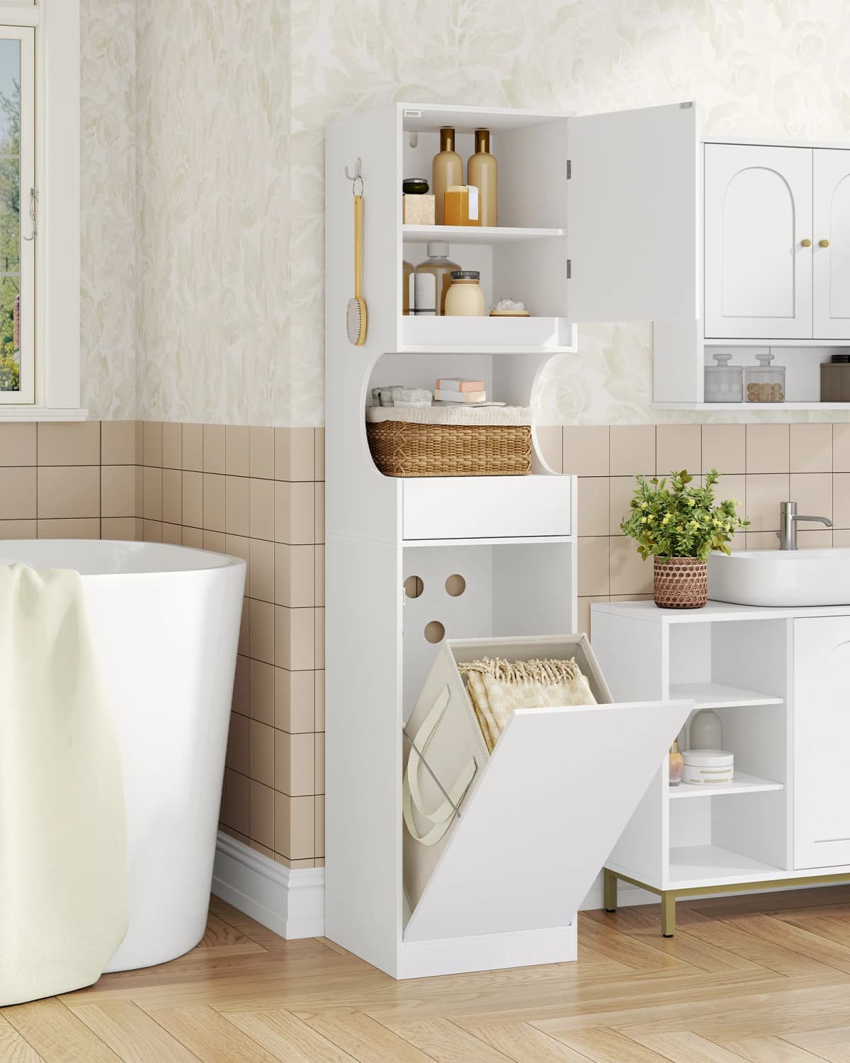 Bathroom Cabinet with Laundry Basket, Tall Bathroom Cabinet, Laundry Bag, with Foldable Laundry Basket, Door and Drawer