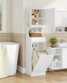 Bathroom Cabinet with Laundry Basket, Tall Bathroom Cabinet, Laundry Bag, with Foldable Laundry Basket, Door and Drawer