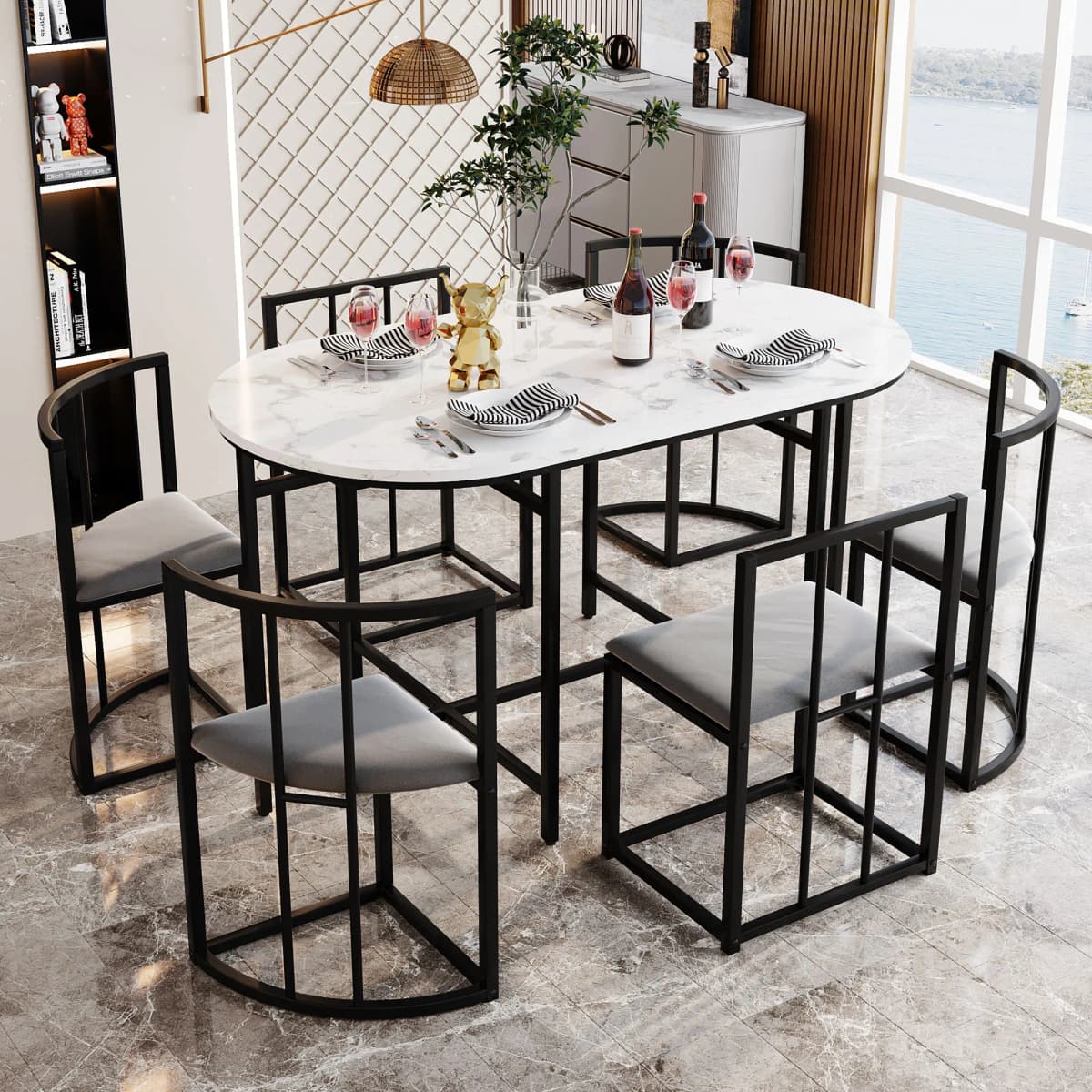 Rosahqnda six-chair dining table set, dining room table and chair set, modern dining table combination