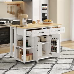 120cm Modern Extendable Kitchen Island with Bar Counter 2 Drawers 2 Cabinet Doors Mobile Kitchen Cart with Sockets