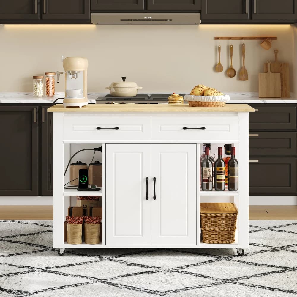 120cm Modern Extendable Kitchen Island with Bar Counter 2 Drawers 2 Cabinet Doors Mobile Kitchen Cart with Sockets