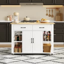 120cm Modern Extendable Kitchen Island with Bar Counter 2 Drawers 2 Cabinet Doors Mobile Kitchen Cart with Sockets