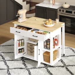 120cm Modern Extendable Kitchen Island with Bar Counter 2 Drawers 2 Cabinet Doors Mobile Kitchen Cart with Sockets