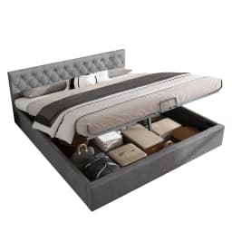 KOMHTOM Grey Velvet Upholstery bed Buttoned Headboard Hydraulic Storage Slatted