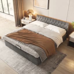 KOMHTOM Grey Velvet Upholstery bed Buttoned Headboard Hydraulic Storage Slatted