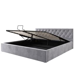 KOMHTOM Grey Velvet Upholstery bed Buttoned Headboard Hydraulic Storage Slatted