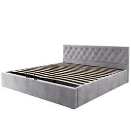 KOMHTOM Grey Velvet Upholstery bed Buttoned Headboard Hydraulic Storage Slatted
