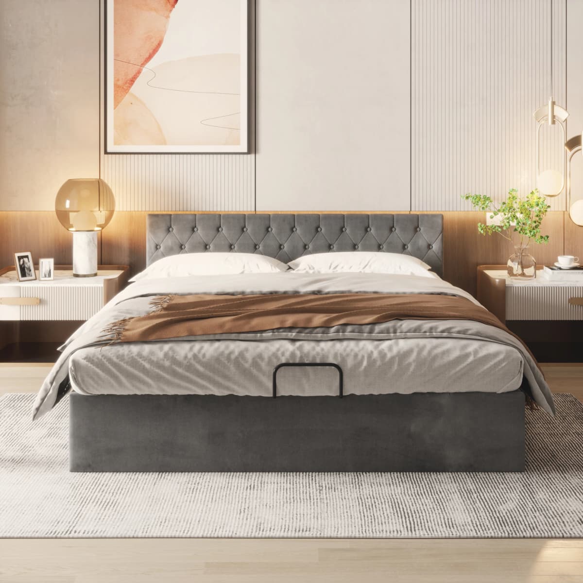 KOMHTOM Grey Velvet Upholstery bed Buttoned Headboard Hydraulic Storage Slatted