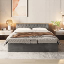 KOMHTOM Grey Velvet Upholstery bed Buttoned Headboard Hydraulic Storage Slatted