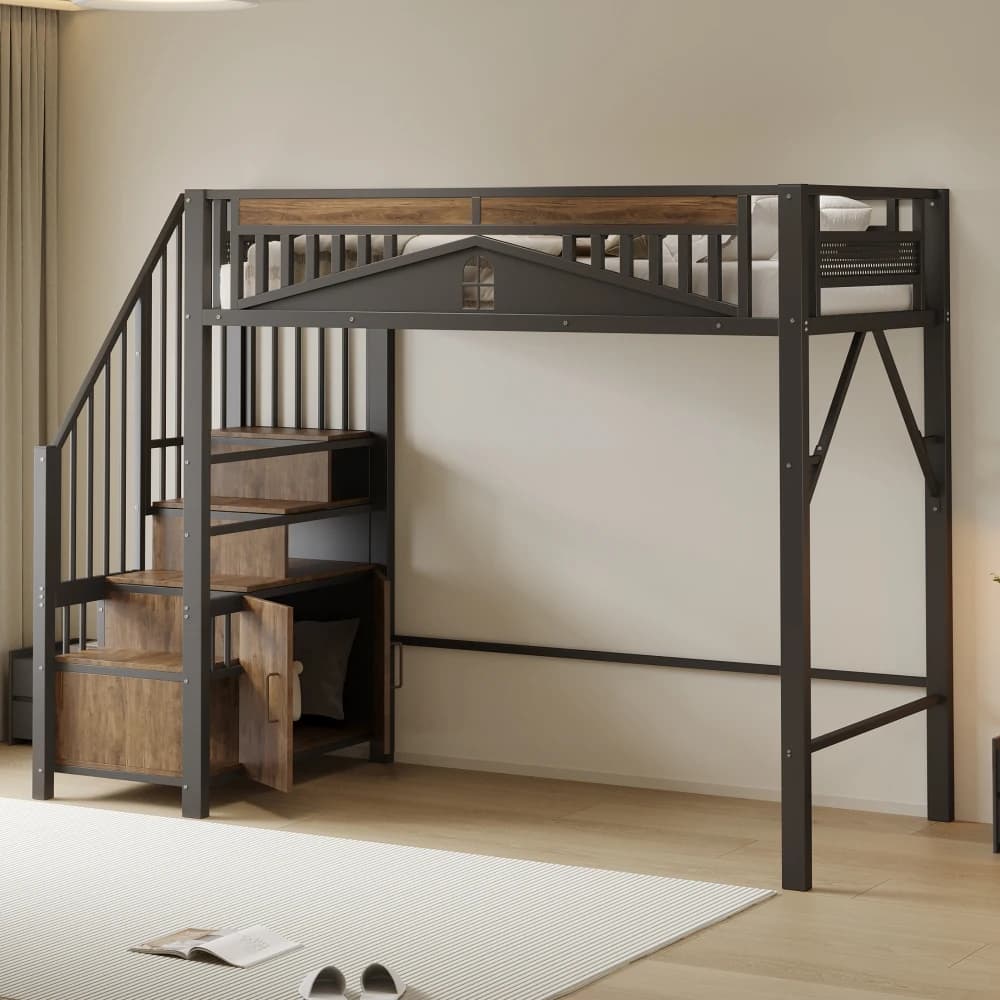 90*200cm/140*200cm Modern Metal High Bed with Unique Windowed Safety Housing and Spindle Safety Ladder for Kids Bedroom