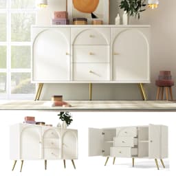 84×140×40cm Sideboard with 2 Doors and 3 Drawers, White Door Closet with Drawers, Adjustable Shelf, Modern Living Room Cabinet