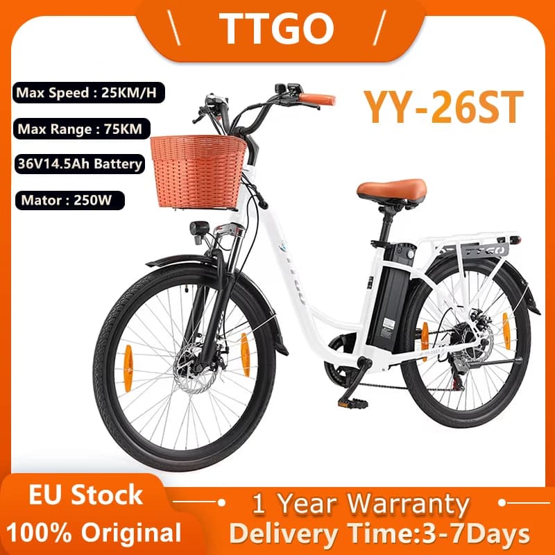 TTGO YY-26ST Electric Bike 26 Inch E-bike 36V14.5 Ah Battery,City Bike 60-75 km Electric Bicycle with Basket EBike for Men Women
