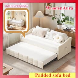 Sofa bed with pull-out bed, daybed, pull-out bed, upholstered bed, sofa bed with pull-out bed, 90/180 x 200 cm, cream white