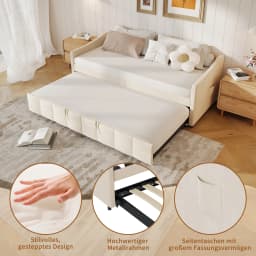 Sofa bed with pull-out bed, daybed, pull-out bed, upholstered bed, sofa bed with pull-out bed, 90/180 x 200 cm, cream white