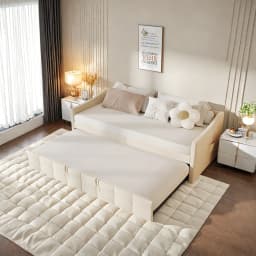 Sofa bed with pull-out bed, daybed, pull-out bed, upholstered bed, sofa bed with pull-out bed, 90/180 x 200 cm, cream white
