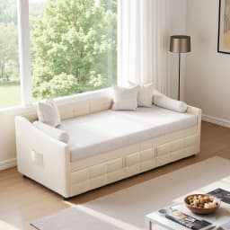 Sofa bed with pull-out bed, daybed, pull-out bed, upholstered bed, sofa bed with pull-out bed, 90/180 x 200 cm, cream white