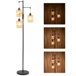 Boho Standing Lamp Dimmable 3-Bulb LED Rustic Tall Boho Lamp, Rattan Lampshade for Bedroom, Dining Room, Living Room, Office