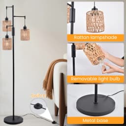 Boho Standing Lamp Dimmable 3-Bulb LED Rustic Tall Boho Lamp, Rattan Lampshade for Bedroom, Dining Room, Living Room, Office
