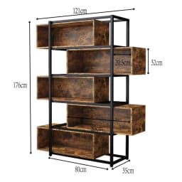 Wood Carving Brown5 Tiers Bookshelf with Steel Tubes Freestanding Bookcase Recessed Shelves Multifunctional Storage Display Rack