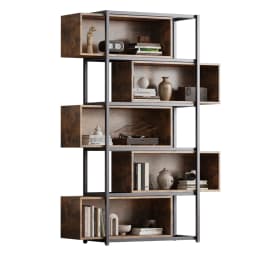 Wood Carving Brown5 Tiers Bookshelf with Steel Tubes Freestanding Bookcase Recessed Shelves Multifunctional Storage Display Rack