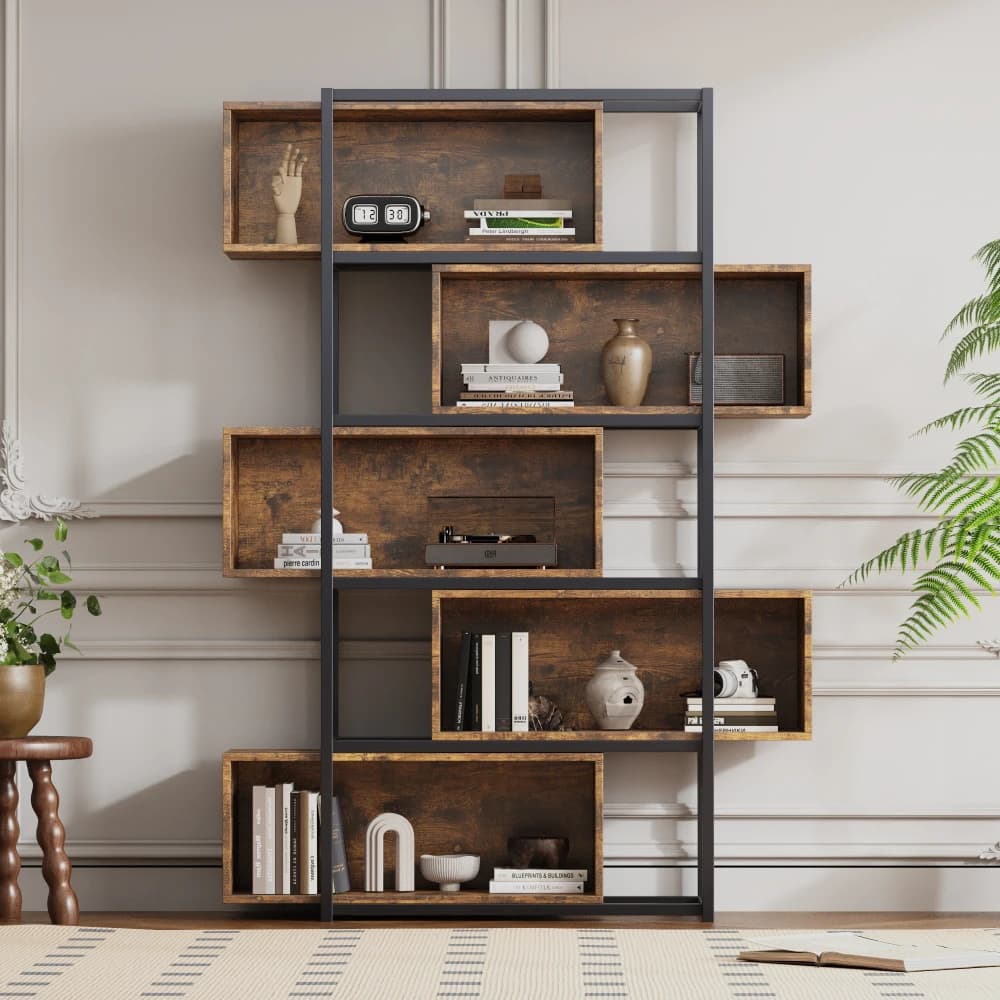 Wood Carving Brown5 Tiers Bookshelf with Steel Tubes Freestanding Bookcase Recessed Shelves Multifunctional Storage Display Rack