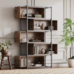 Wood Carving Brown5 Tiers Bookshelf with Steel Tubes Freestanding Bookcase Recessed Shelves Multifunctional Storage Display Rack