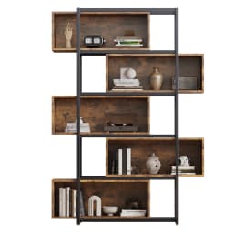 Wood Carving Brown5 Tiers Bookshelf with Steel Tubes Freestanding Bookcase Recessed Shelves Multifunctional Storage Display Rack