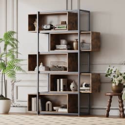 Wood Carving Brown5 Tiers Bookshelf with Steel Tubes Freestanding Bookcase Recessed Shelves Multifunctional Storage Display Rack